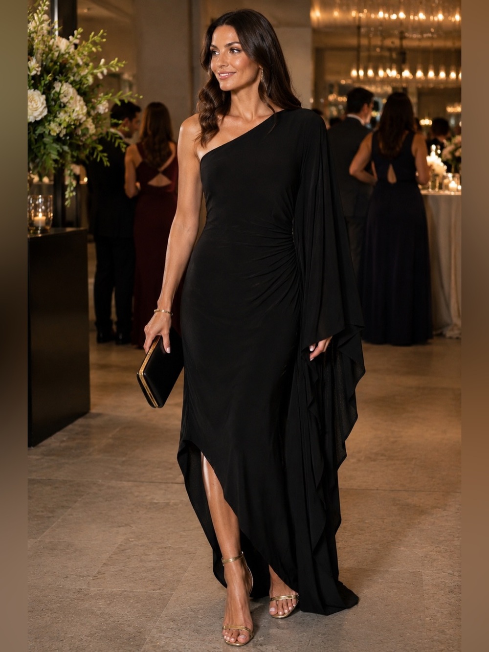 Mac Duggal Leena Black One Shoulder Cape Sleeve High Low Gown Size S